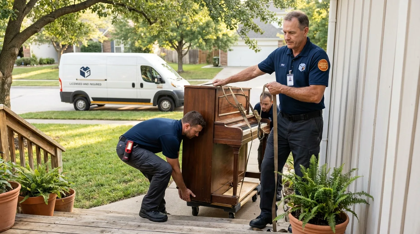 Licensed piano movers securing grand piano in Marysville, OH