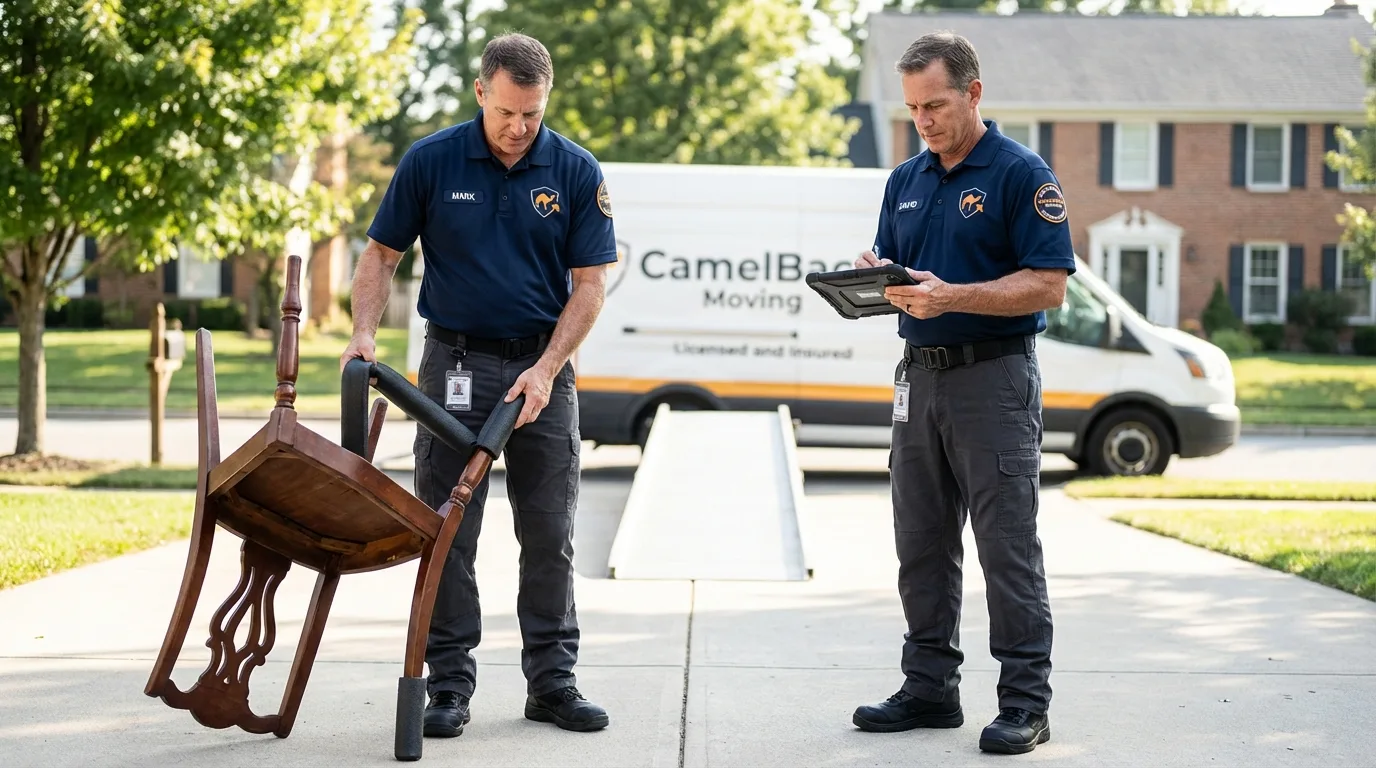 Movers inspecting furniture for damage prevention before loading in Marysville, OH