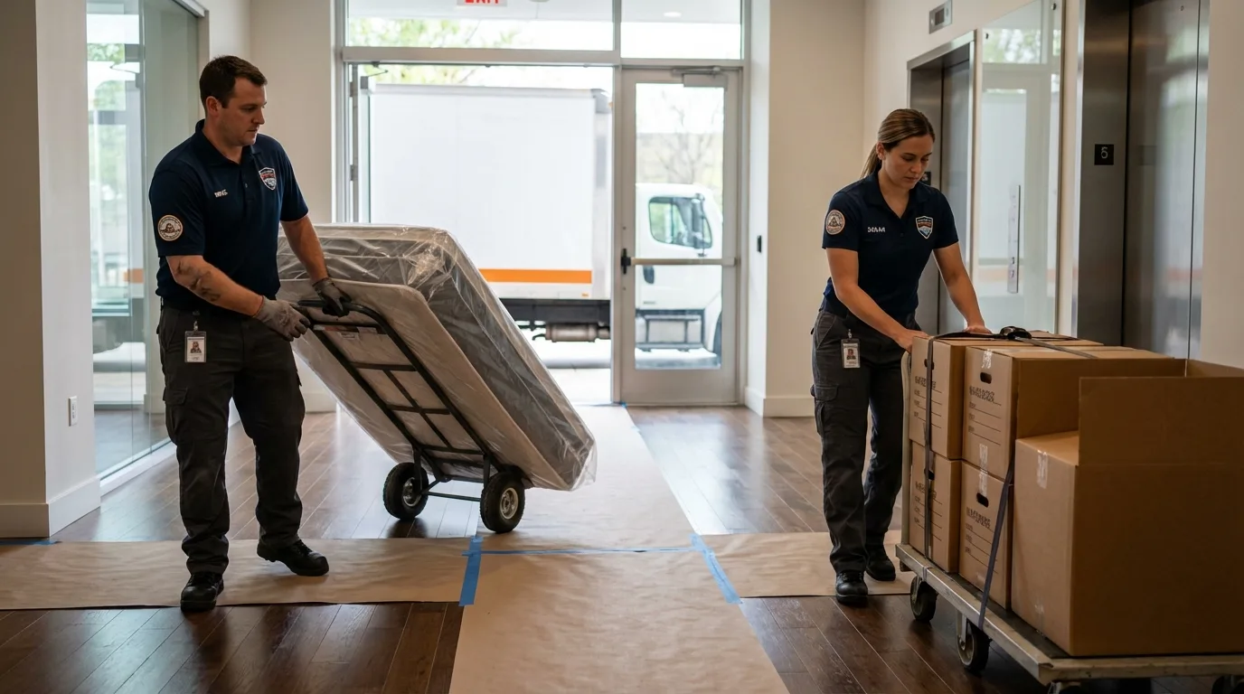 Professional apartment movers loading elevator in Marysville, OH