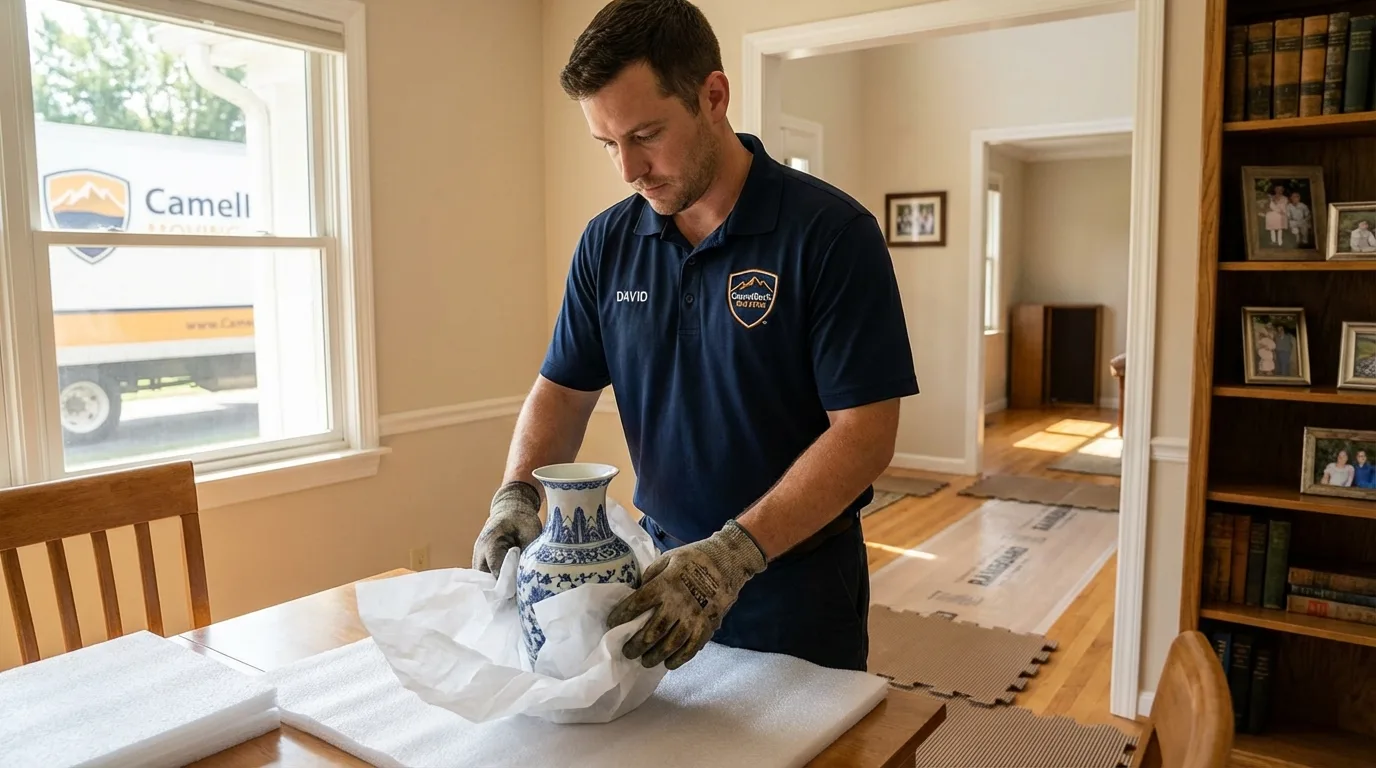 Professional crew carefully wrapping antique vase for senior downsizing move in Marysville, OH